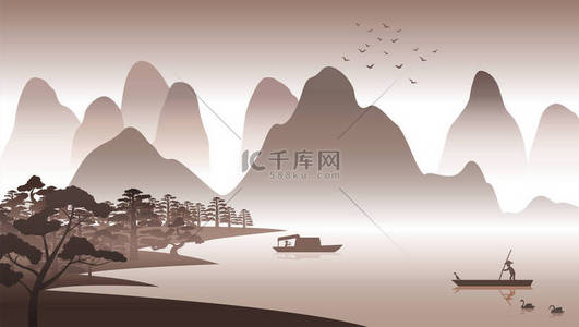 中式背景背景图片_山水中式山水背景
