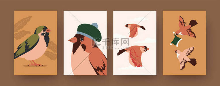 一套印有麻雀和冬帽的当代艺术海报。鸟类头戴帽子卡通人物插图.时尚、冬季、设计的自然概念、社交媒体、明信片、邀请卡