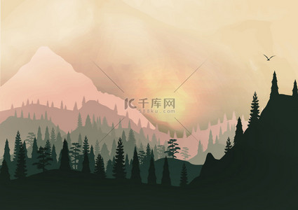 日落全景图的山脊和松树林-矢量图