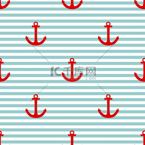 红色海洋背景图片_瓷砖用红色船锚水手矢量模式和薄荷绿色和白色的条纹背景