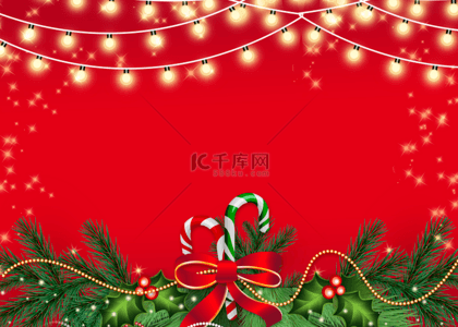结婚元素背景图片_圣诞节灯串圣诞拐杖红色背景