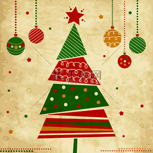 与树和饰品的复古圣诞卡片。