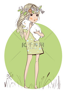 手绘春天背景图片_白兔子可爱的女孩