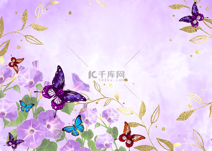 艺术框背景图片_蝴蝶花卉金色植物水彩晕染浪漫紫色背景