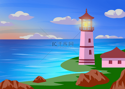 海洋灯塔背景图片_灯塔海滩天空卡通蓝色背景