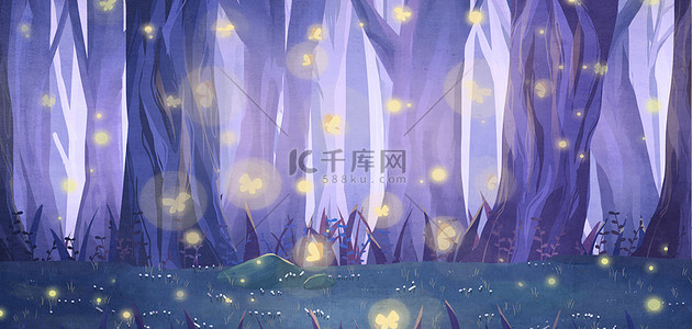 夜晚树林背景图片_大暑树林紫色简约夏日海报