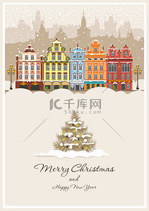 圣诞节明信片背景图片_在一个下雪的城市中的圣诞节