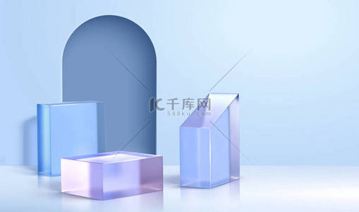 3D产品展示的最低背景。拱门和蓝色水晶玻璃立方体的布局.
