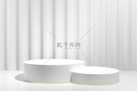 两个灰色圆柱形台座,镀金镶嵌在带有LED照明的凸起墙壁上.3D渲染。Podium平台，产品展示，化妆品。最基本的概念，最基本的概念.