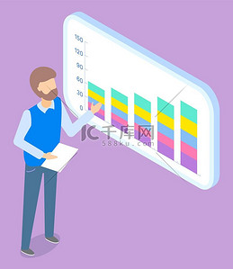 男子展示商业统计应用手机框架和价格变化的交换图表屏幕上有蜡烛棒图表淡紫色背景上有数字刻度的智能手机男士展示商业统计应用程序手机