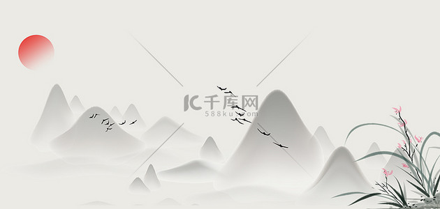 中国风复古山水画背景图片_中国风兰花山水水墨复古海报背景