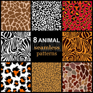 8 无缝动物图案集。野生动物园纺织集合.