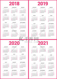 2018设计背景图片_组的日历为 2018 年，2019 年，到 2020 年，2021 年。周从星期日开始。简单的矢量模板。信纸设计模板