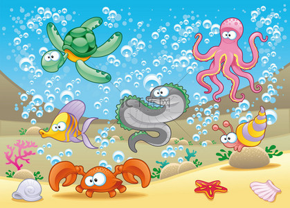 海背景图片_海洋动物在海中的家庭.