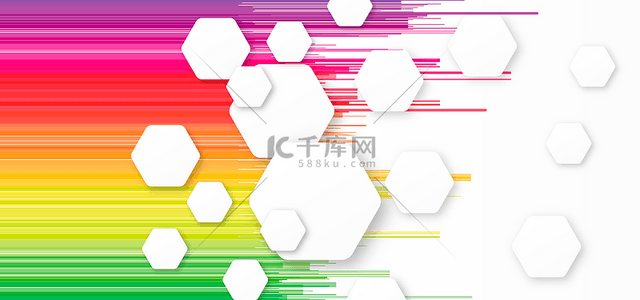 几何立体白色背景图片_丰富多彩白色立体六边形彩虹色几何抽象线条背景