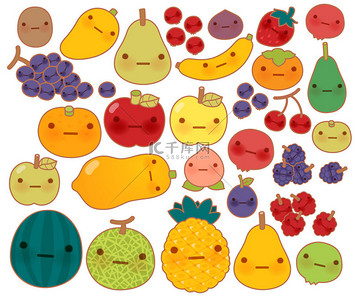 可爱的小宝宝水果和蔬菜的集合涂鸦图标，可爱的草莓，可爱的苹果，甜樱桃，卡哇伊香蕉，纯稚的漫画卡通风格的娘娘腔芒果