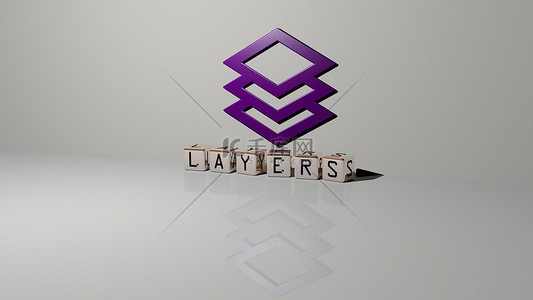 从顶部看，LAYERS的3D图形图像与用金属立方体字母构建的文本垂直地结合在一起，非常适合于概念演示和滑行。背景和说明