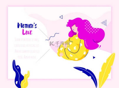 有植物和具有粉色背景的几何元素的怀孕妇女。卡通卡为扁平线性风格.矢量网页模板. 