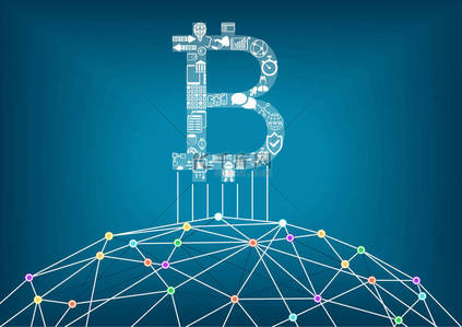 比特币矢量插图背景与连接互联网，作为一个例子为加密货币和块链技术