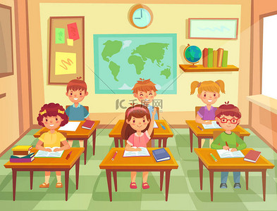 学生的背景图片_学生在教室的孩子。小学生小学生, 微笑的男孩和女孩学校班级卡通矢量插画研究