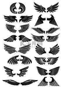 翅膀纹章图标鸟类和天使翅膀的轮廓用于纹身纹章或部落设计矢量哥特式盔甲元素翅膀纹章图标符号