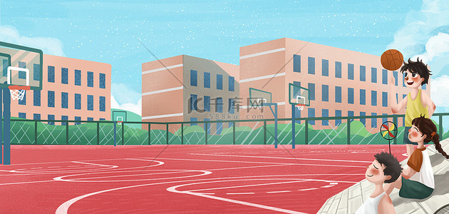 学校操场背景图片_儿童节学校篮球卡通背景