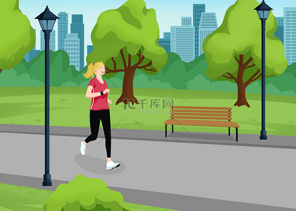 赛跑背景背景图片_城市公园户外女士慢跑背景