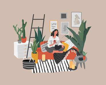 咖啡背景图片_女孩与猫和咖啡坐在沙发上休息。年轻女子在室内舒适舒适的室内与家庭植物的日常生活和日常场景。卡通矢量