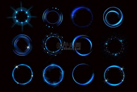 发光的蓝色圆圈，闪闪发光，圆形框架，闪亮的边框，闪闪发光或仙尘，发光环，黑色背景上孤立的奇幻设计元素，逼真的 3d 矢量插图，设置。