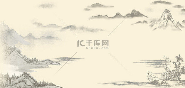 中国风水墨山水灰色国风中式banner