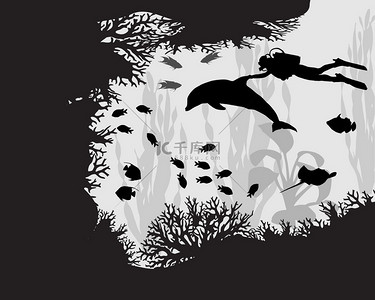 游泳比赛背景图片_在珊瑚礁中的潜水员