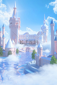城堡城堡背景图片_C4D城堡户外建筑蓝色梦幻立体背景