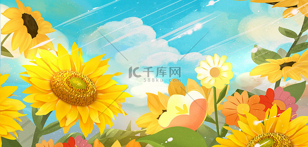 三月十七日背景图片_春天向日葵蓝色卡通天空插画