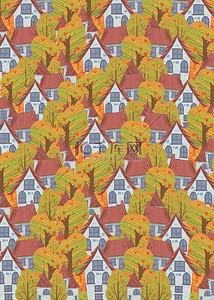 秋天风景背景图片_卡通秋季房屋树木图案无缝背景