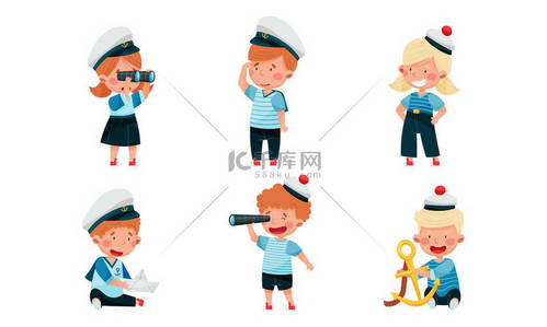 海员服装和饲料帽或无绳帽中的小孩玩水手向量图片集