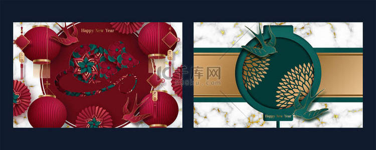 祝您新年快乐。 一套卡片。 横幅模板，东方风格的海报。 日本人，中国人 翻译：新年快乐。 矢量说明