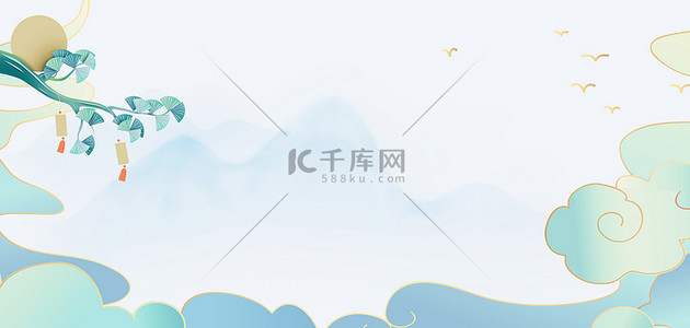 绿叶banner背景图片_古风潮云蓝色中国风banner