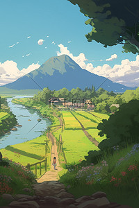 夏天漫画风乡村风景背景