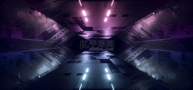 Neon laser Schematic Motherboard Texture Blue Purple Laser Alien Spacship Dark Night Showroom Parhouse Tunnel Empty Space Background 3D Rendering Illustration