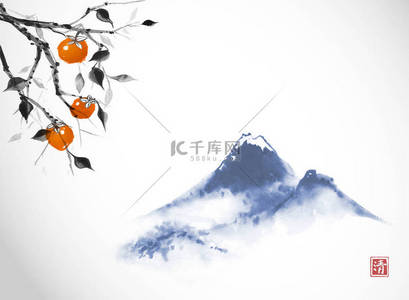 复古墨水背景背景图片_山和树枝与传统的日本苏米叶风格，东方复古墨水背景的柿子