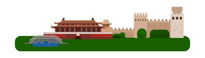 中国风背景背景图片_中国的宫殿和长城。白色背景扁平