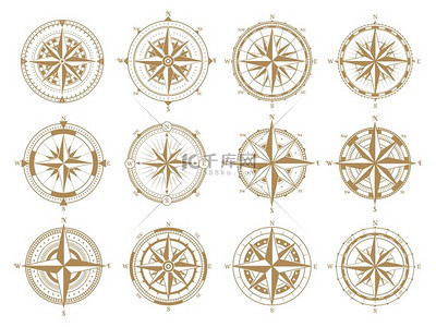 复古航海玫瑰风罗盘复古玫瑰风航海测量罗盘矢量插图符号集古董航海罗盘古老的航海复古航海玫瑰风罗盘酿造的