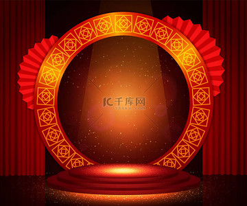 具有舞台底座、亚洲元素和红色背景窗帘的矢量中国新年图解