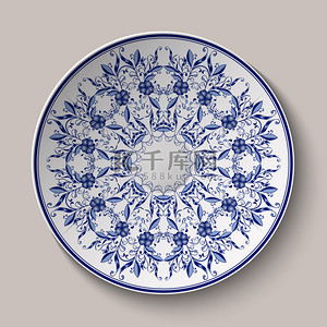 中式背景图片_圆形蓝色精致的花卉图案。中式瓷器上的绘画。装饰陶瓷盘片上显示.