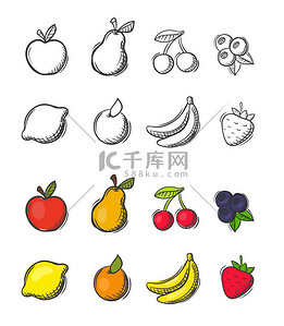 手绘涂鸦的矢量水果图标集合