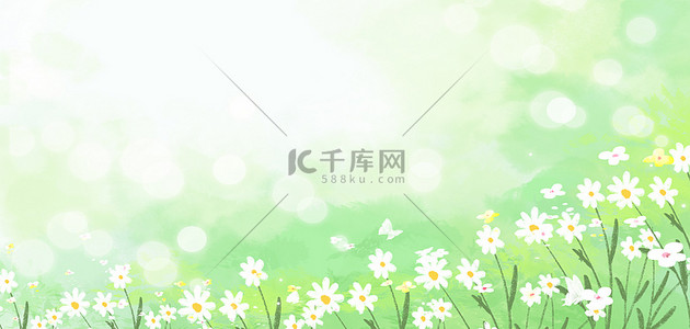 春天手绘雏菊绿色清新简约春天春季海报背景