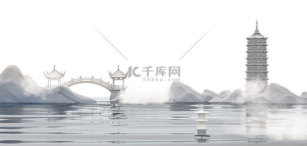 c4d展板背景图片_立体抽象中国风山水白色C4D水墨背景