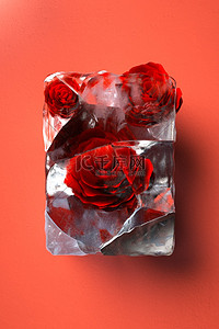 玫瑰背景图片_立体破碎冻结冰块红色C4D玫瑰花草模型
