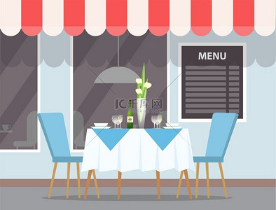 餐馆矢量的街景咖啡馆屋顶的雨棚餐厅外部带花瓶的桌子优雅的家具桌布和椅子装饰餐厅户外景观外部优雅的餐桌
