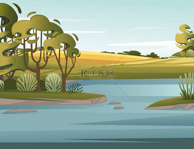 绿草绿树成荫的乡村湖景卡通画平面矢量画图背景清澈的天空与山丘.